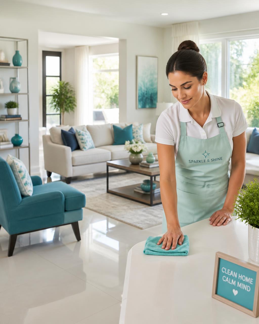 AlbaClean cleaner wiping a counter in a bright, freshly cleaned Windsor living room